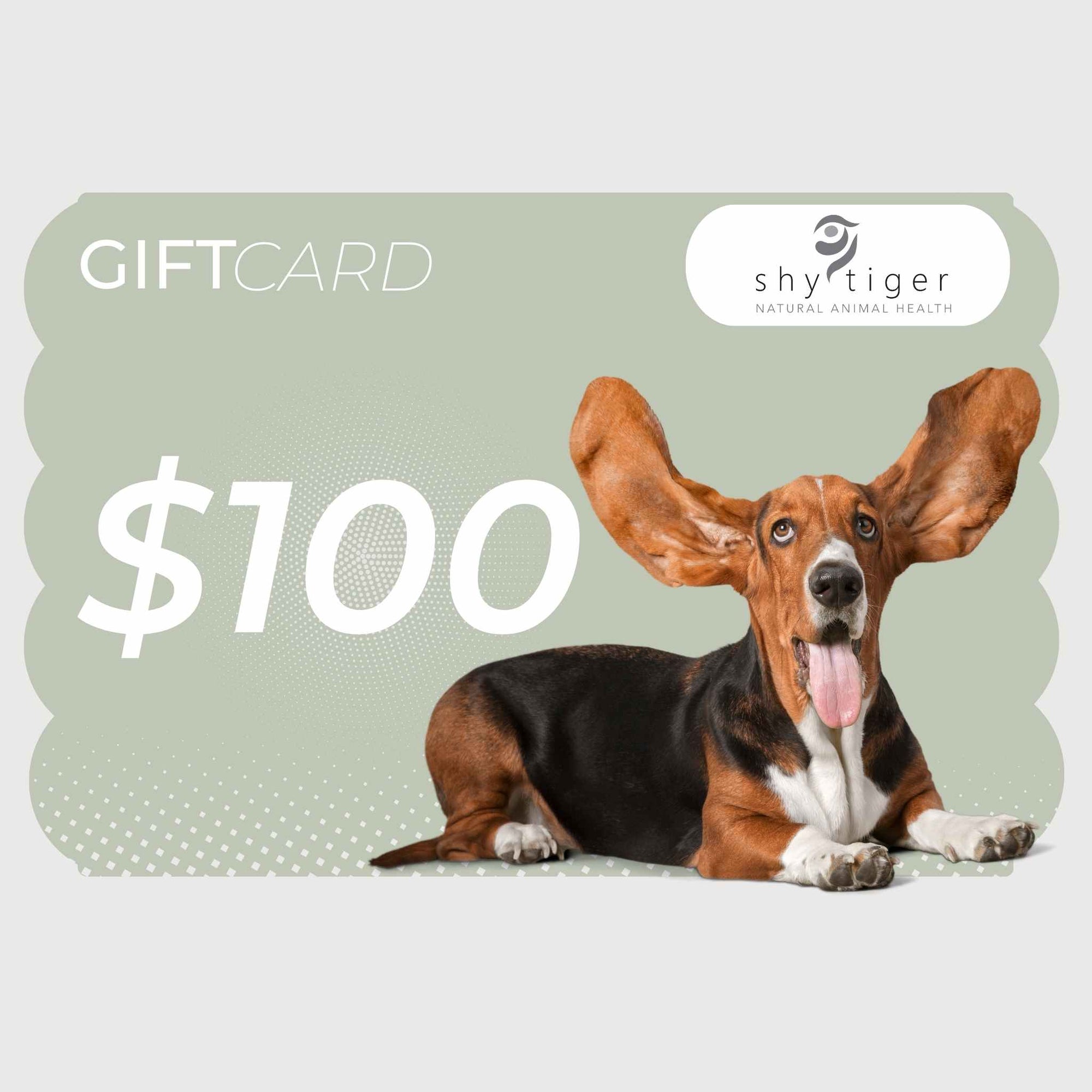 A very happy dog with large ears on a green background promoting a $100 gift card. 